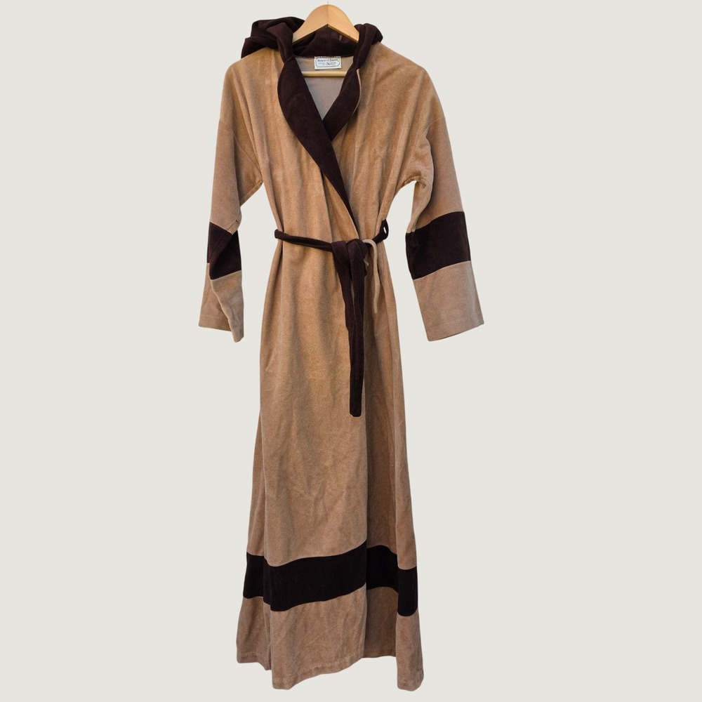 House Of David Robe Womens Medium Brown Tan Velour Hooded Maxi Belted 70s VTG